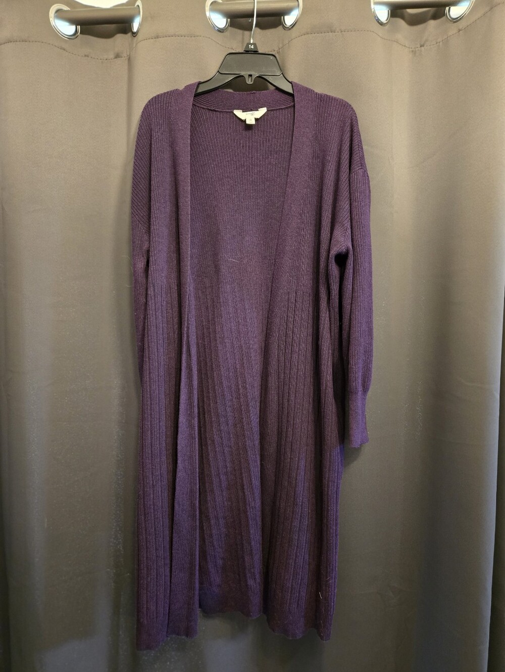 Terra & Sky Ribbed Long Open Front Cardigan Purple Plus Size 0X (14W) Duster Swe